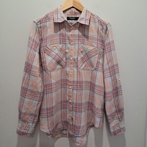 LRL Pastel Plaid Linen Button-Up Classic Coastal Cottage Preppy Shirt Womens M